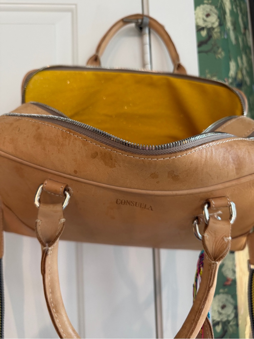 Consuela Untreated Natural Tan Leather Satchel with Colorful Woven Tassel - Picture 5 of 10
